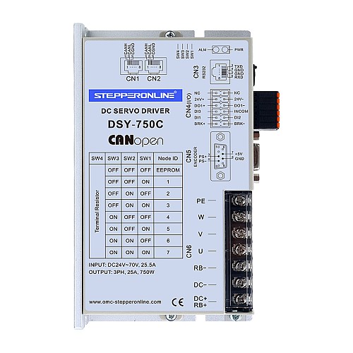 DSY Series 750W CANopen DC Servo Motor 24-70VDC 2.39Nm 3000rpm 17-Bit Incremental Encoder IP65 - DSY-C750L2A2-M17S | StepperOnline AU
