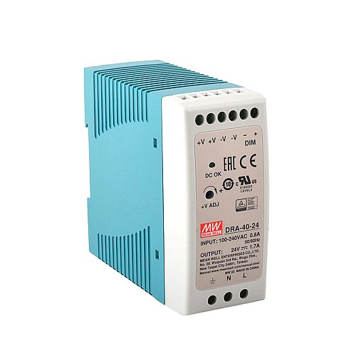 DRA-40-24 MEANWELL 40.8W 24VDC 1.7A 115/230VAC Single Output Switching Power Supply - DRA-40-24 | StepperOnline AU