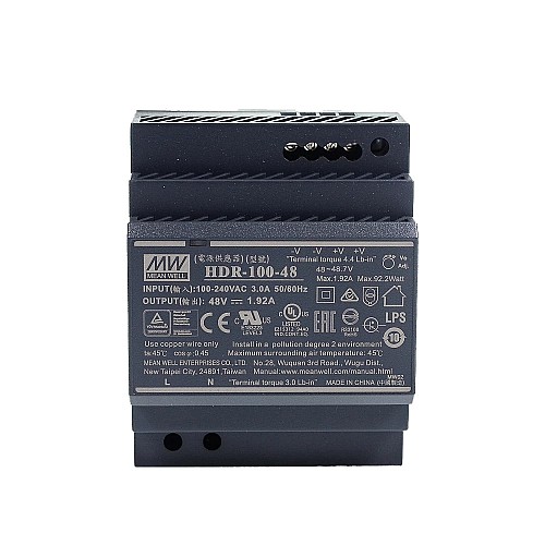 HDR-100-48 MEANWELL 92.2W 48VDC 1.92A 115/230VAC Ultra Slim Step Shape DIN Rail Power Supply - HDR-100-48 | StepperOnline AU