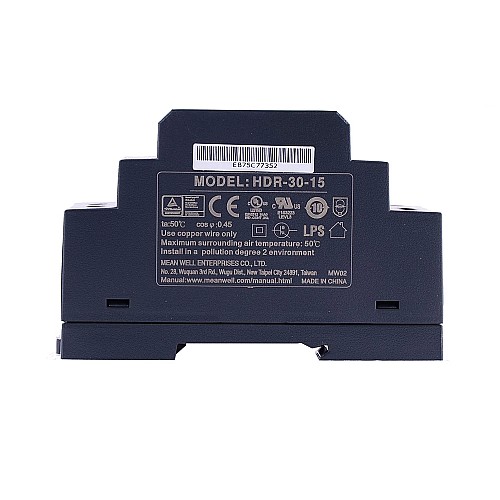 HDR-30-15 MEANWELL 30W 15VDC 2A 115/230VAC Ultra Slim Step Shape DIN Rail Power Supply - HDR-30-15 | StepperOnline AU
