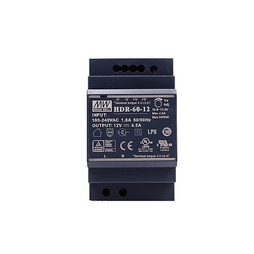 HDR-60-12 MEANWELL 54W 12VDC 4.5A 115/230VAC Ultra Slim Step Shape DIN Rail Power Supply - HDR-60-12 | StepperOnline AU