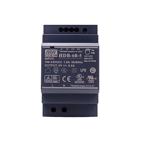 HDR-60-5 MEANWELL 32.5W 5VDC 6.5A 115/230VAC Ultra Slim Step Shape DIN Rail Power Supply - HDR-60-5 | StepperOnline AU