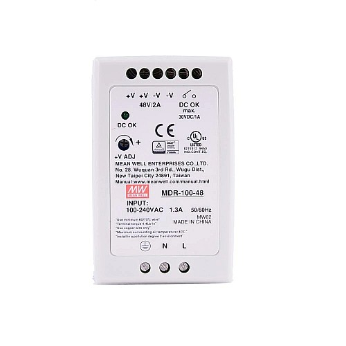 MDR-100-48 MEANWELL 96W 48VDC 2A 115/230VAC Single Output Industrial DIN Rail Power Supply - MDR-100-48 | StepperOnline AU