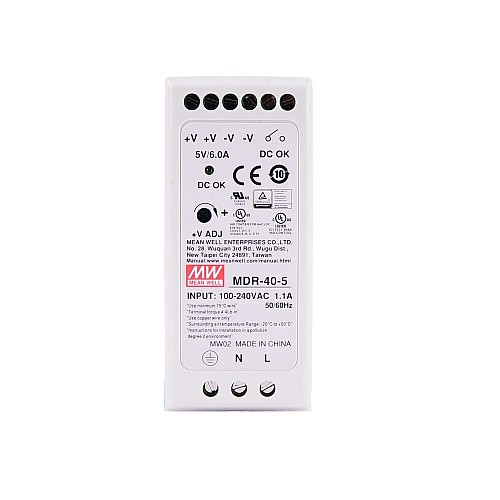 MDR-40-5 MEANWELL 30W 5VDC 6A 115/230VAC Single Output Industrial DIN Rail Power Supply - MDR-40-5 | StepperOnline AU