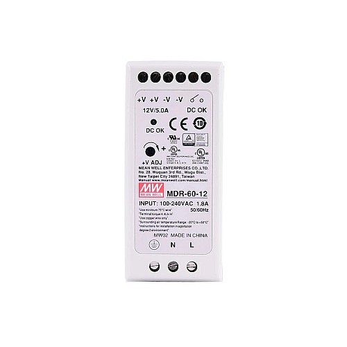 MDR-60-12 MEANWELL 60W 12VDC 5A 115/230VAC DIN Rail Power Supply - MDR-60-12 | StepperOnline AU