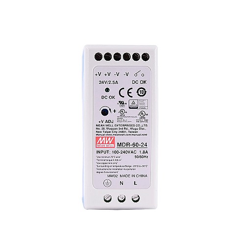 MDR-60-24 MEANWELL 60W 24VDC 2.5A 115/230VAC DIN Rail Power Supply - MDR-60-24 | StepperOnline AU