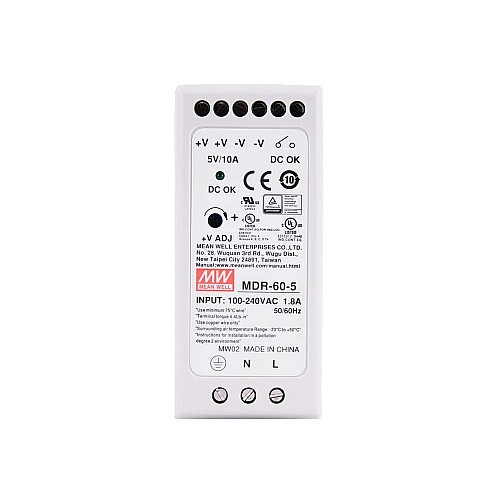 MDR-60-5 MEANWELL 60W 5VDC 10A 115/230VAC DIN Rail Power Supply - MDR-60-5 | StepperOnline AU