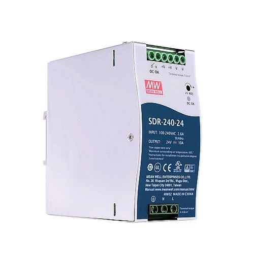 SDR-240-24 MEANWELL 240W 24VDC 10A 115/230VAC With PFC Function DIN Rail Power Supply - SDR-240-24 | StepperOnline AU