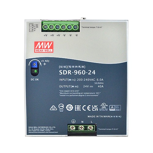 SDR-960-24 MEANWELL 960W 24VDC 40A 230VAC With PFC Function DIN Rail Power Supply - SDR-960-24 | StepperOnline AU