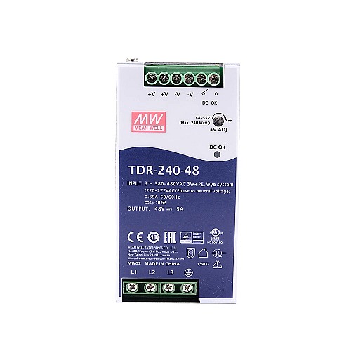 TDR-240-48 MEANWELL 240W 48VDC 5A 400/500VAC Slim Three Phase Industrial DIN Rail With PFC Function - TDR-240-48 | StepperOnline AU