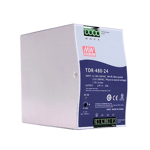 TDR-480-24 MEANWELL 480W 24VDC 20A 400/500VAC Slim Three Phase Industrial DIN Rail With PFC Function - TDR-480-24 | StepperOnline AU