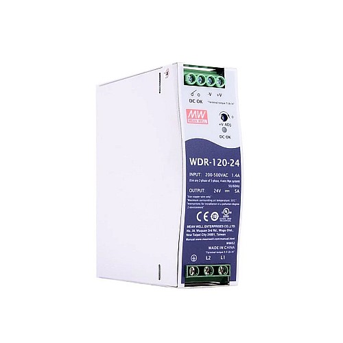 WDR-120-24 MEANWELL 120W 24VDC 5A 180~550VAC DIN Rail Power Supply - WDR-120-24 | StepperOnline AU