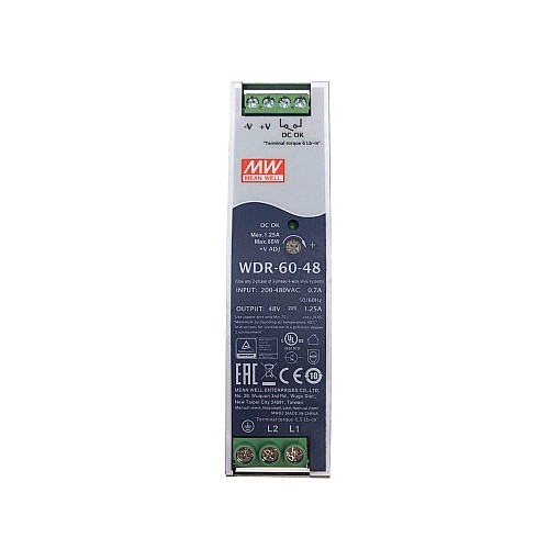 WDR-60-48 MEANWELL 60W 48VDC 1.25A 230/400VAC UltraWide Input Industrial DIN Rail Power Supply - WDR-60-48 | StepperOnline AU