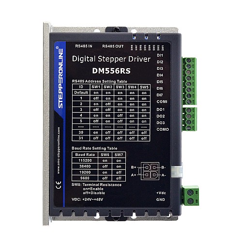 Modbus RS485 Stepper Driver 0.1-5.6A 24-48VDC for Nema 17, 23, 24 Stepper Motor - DM556RS | StepperOnline AU