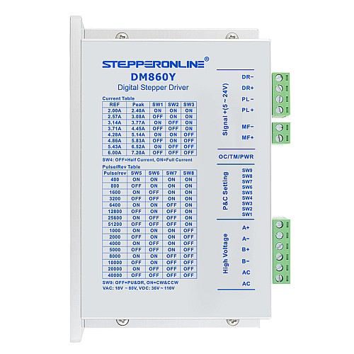 Y Series Digital Stepper Driver 2.4-7.2A AC18V-80V/DC 36V-110V for Nema 34 Motor - DM860Y | StepperOnline AU